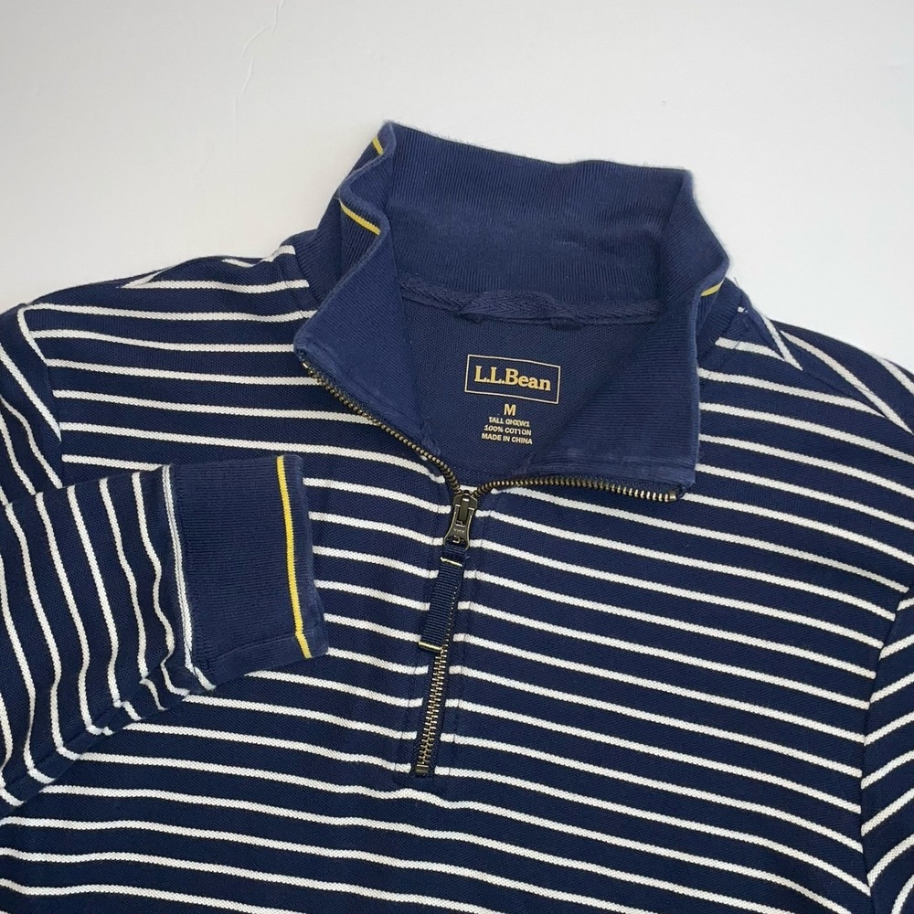 LL Bean Quarter Zip Sweater Mens Medium Tall MT Blue White Striped Rugby OHXW1